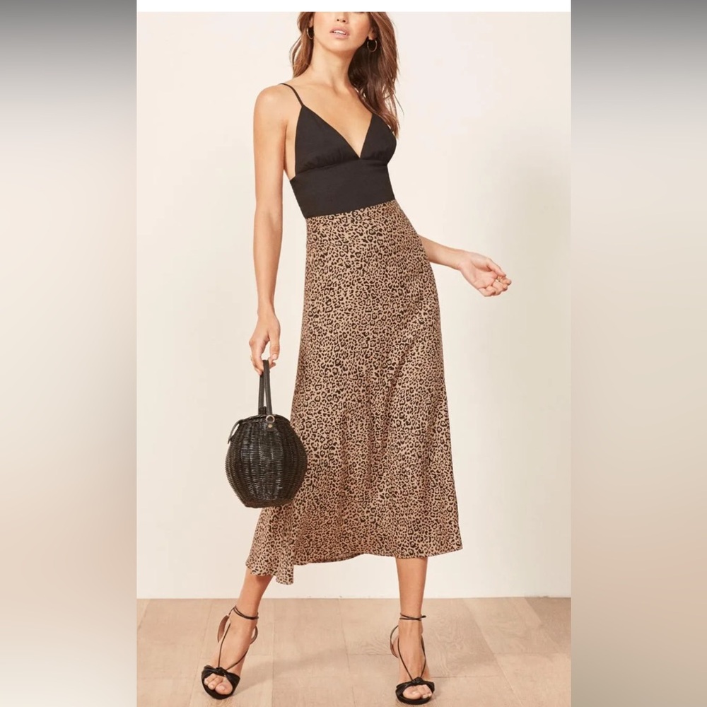 Reformation Leopard Print A-Line Midi Skirt with slit, back zip, small.